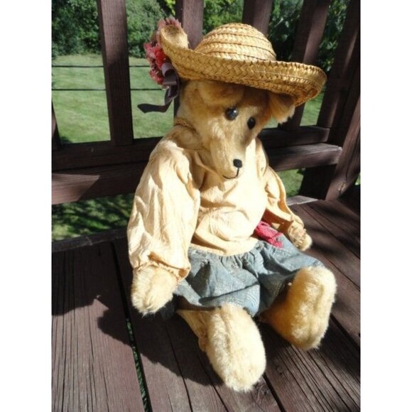 Vintage Handmade 20″ Teddy Bear Full Brim Straw Hat Flowers Denim Dress Red Bow - Picture 1 of 10